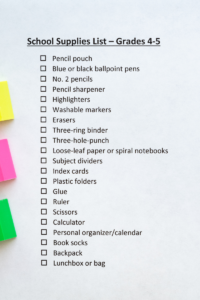 Back to school shopping list grades 4-5